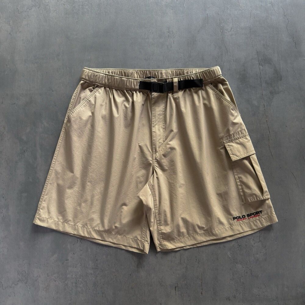 Vintage Polo Sport Ralph Lauren Nylon Cargo Utility Shorts Belted Large Khaki